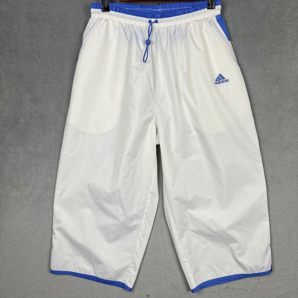 Adidas White Blue Cropped Wide Leg Track Pant Windbreaker Capri Unisex Large VTG
